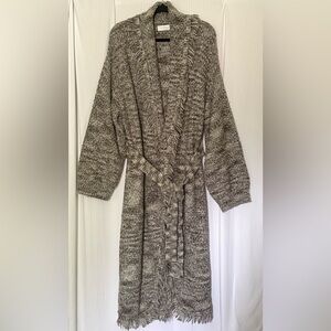 Moershop Cardigan Long Full Length Fringed Belted Heavy Knit Grey Large